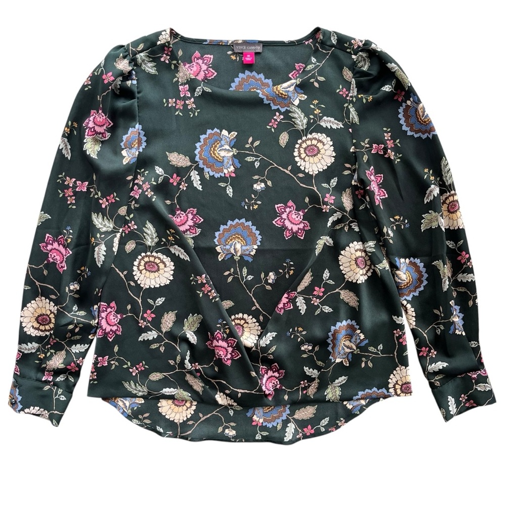 Vince Camuto Women’s XS Umbra Forest DK Willow Floral Long Sleeve Pleated Blouse
